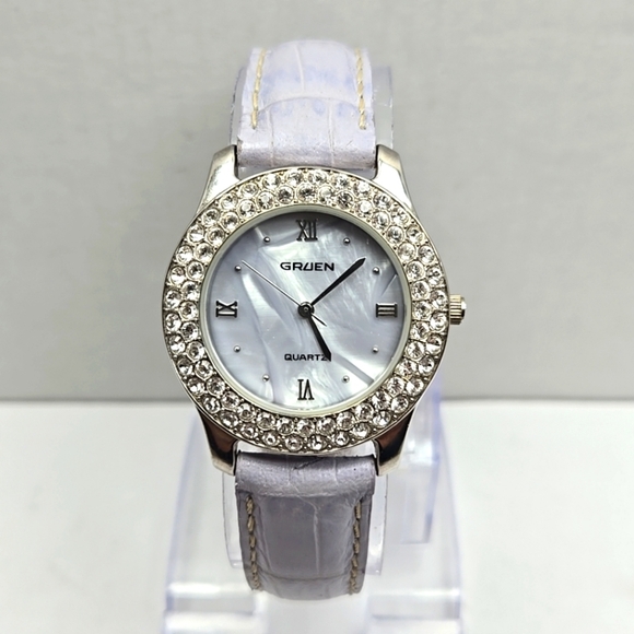 Womens Gruen Pave Crystal Lavender Watch Silver MOP Purple Leather New Battery - Picture 1 of 12